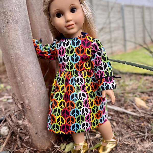 Julie's Bell Sleeve Peace Rainbow Dress for American Girl Doll, 1970's Vintage Style Doll Dress, Dress Up Clothes for 18" Doll