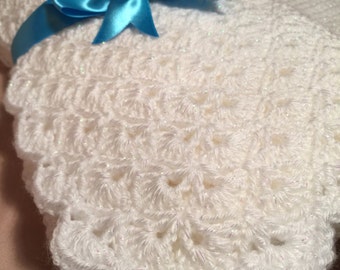 White  lacey  hand crocheted christening  baby blanket , white  with a touch of shine baptism baby blanket . Baby boy babtism blanket