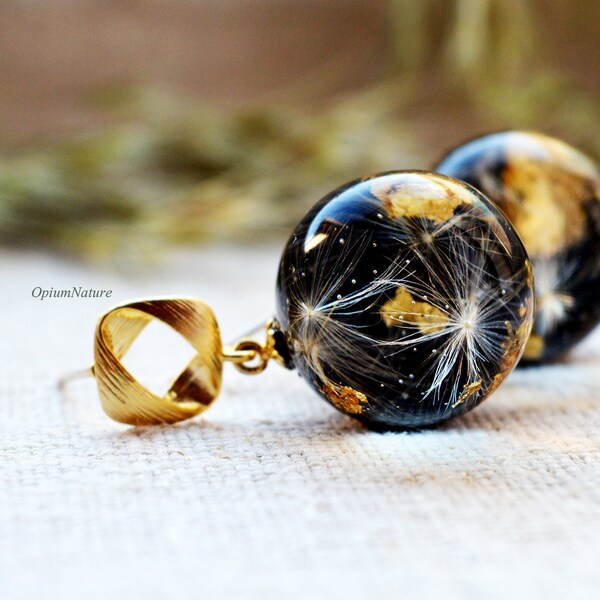 Gift Terrarium jewelry Real dandelion Dandelion jewelry Black earrings Dandelion seeds Eco resin Dandelion Resin earrings Pressed flower