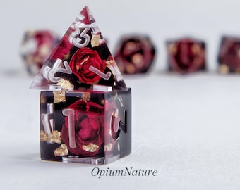 Red Rose & Gold Leaf Dice Set: Handmade Resin Polyhedral Dice