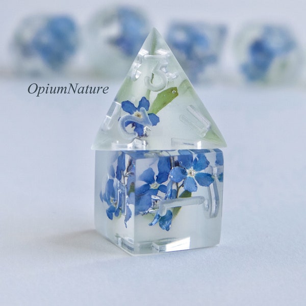 Forget me not in milk dice set with real forget me not Critical Role resin polyhedral dice set for RPG game Dungeons and dragons