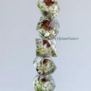 May include: A set of six clear resin dice with embedded dried flowers and mushrooms. The dice are stacked in a tower, with the largest die at the bottom and the smallest die at the top. The dice are numbered 1 through 6.
