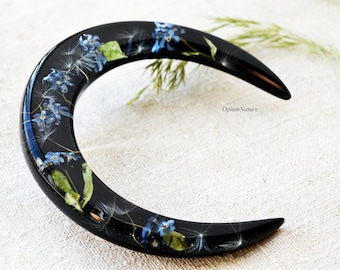 Dandelion & Forget-Me-Not Moon Hair Fork: Handmade Epoxy Resin Hair Stick