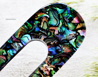 Handmade Bog Oak Hair Fork with Seashell Resin Inlay