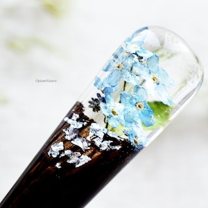 Forget-Me-Not Resin Hair Stick: Bog Oak Wood Hair Fork