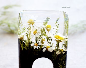 Real Daisy Resin Hair Fork: Bog Oak Wood Hair Slide