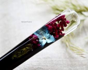 Floral Resin Hair Stick: Bog Oak Wood, Heather & Hydrangea