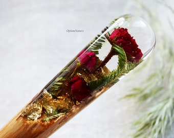 Red Rose Hair Stick: Botanical Dried Flowers, Epoxy Wood Hair Fork