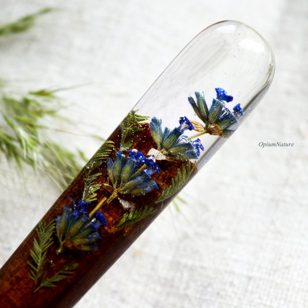 Blue lavender resin wood hair stick with real flowers lavender Hair fork Wooden hair fork  Bun holder Hair pin Lavender Hair stick