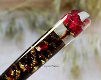 Red Rose & Gold Leaf Resin Hair Stick - Bog Oak Wood Hair Fork