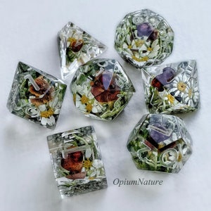 May include: Set of ten resin dice with a floral and botanical theme. The dice are clear and feature pressed flowers and leaves. The dice are in various colors, including green, brown, white, and purple.