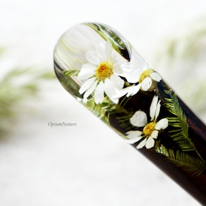Real Daisy Resin Hair Stick: Bog Oak Wood Hair Fork