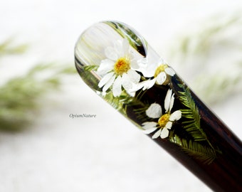 Real Daisy Resin Hair Stick: Bog Oak Wood Hair Fork