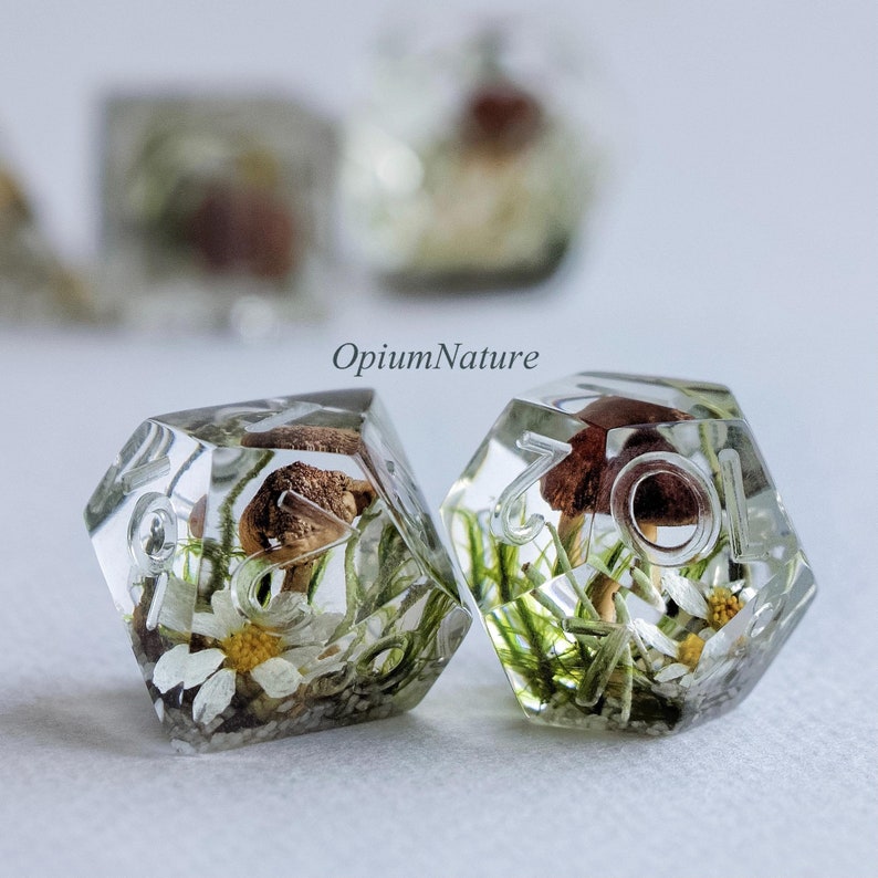 May include: Two clear resin dice with a forest theme. The dice feature mushrooms, moss, and small white flowers. The dice are clear and show the numbers 1 and 7.