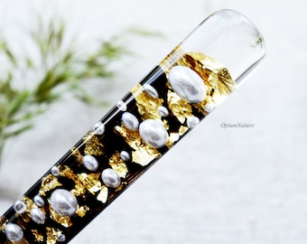 Pearl and gold leaf with crystal resin hair stick Gift for Hair Wooden hair fork Epoxy resin wood hair stick Long Hair Holder