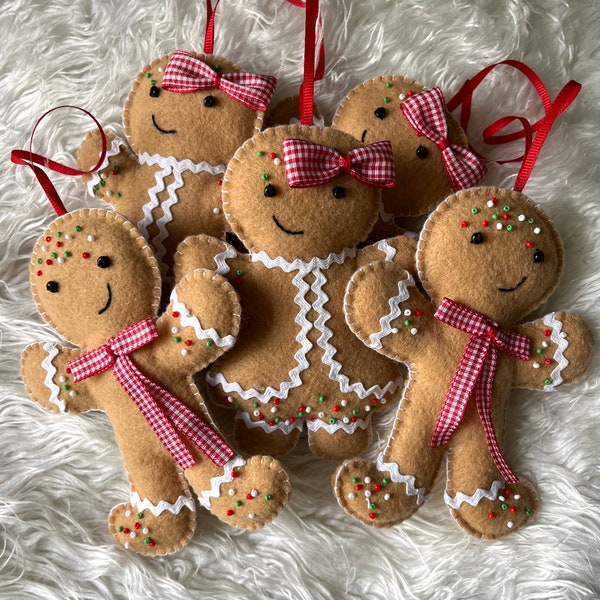 Homme de biscuit de pain d’épice, femme, ornement de Noël, décoration d’arbre de Noël en feutre faite à la main, rouge, blanc, brun, perles, broderie, individuel