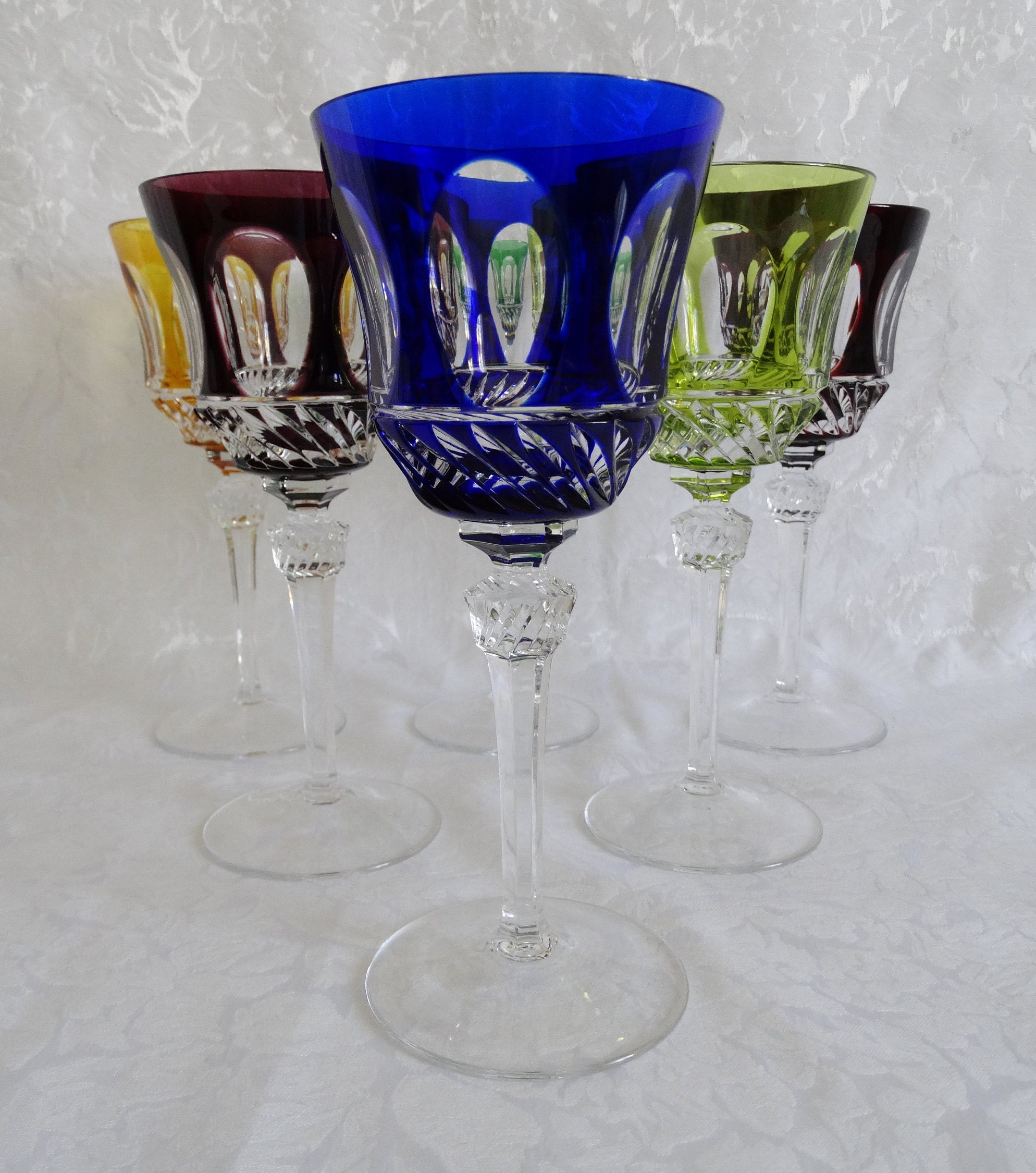 WEST GERMANY LEAD CRYSTAL 6 WINE GLASSES /GOBLETS MULTICOLOR KLOKOTSCHNIK  LABELS