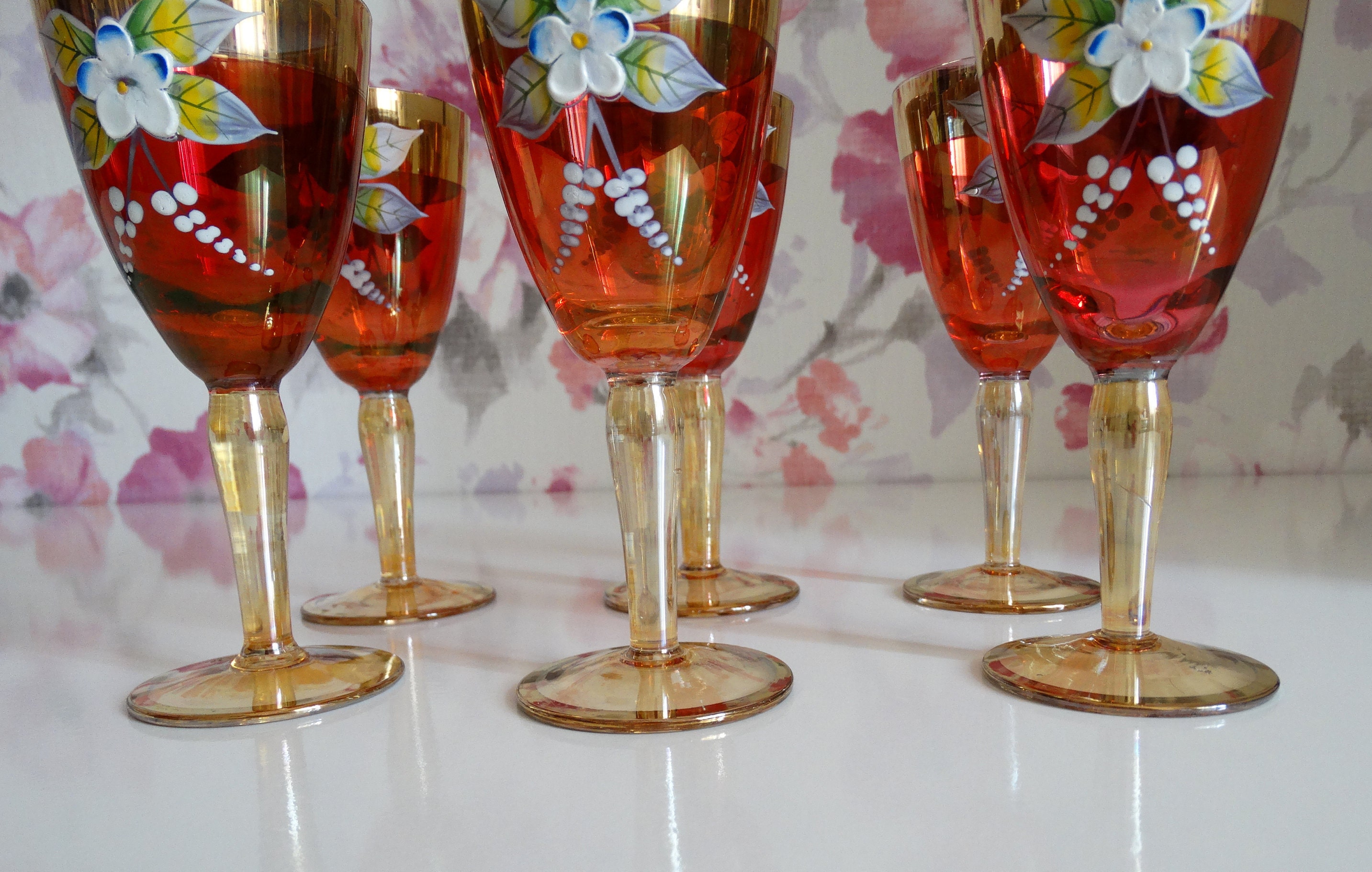 Boho Bohemian Floral Hand Painted Wine Glass in Stemmed or Stemless or Beer  Mug With Gold Accents 