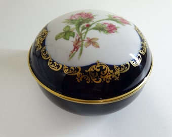 Lindner Moss Rose Porcelain Can Casket Cobalt Gold Vintage Porcelain Germany