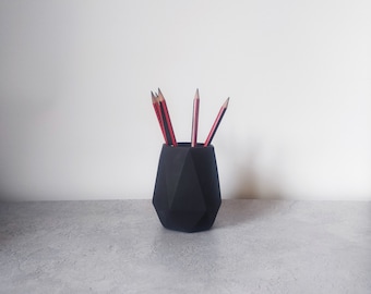 Black geometric pen holder | Concrete monochrome stationary storage | Contemporary minimal  brush holder