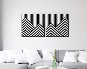 Decoración de pared con montañas, arte geométrico de pared, juego de 2, arte moderno de madera para pared, regalo de inauguración de la casa