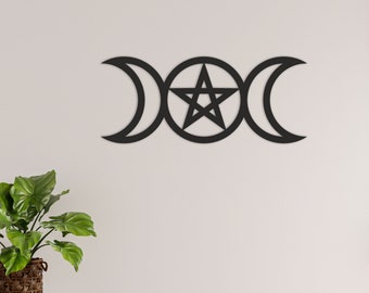 Triple Luna con Pentagrama, Decoración de Altar de Triple Luna Wiccan, Pentáculo de Altar Wiccan, Arte de Pared de la Diosa de la Luna