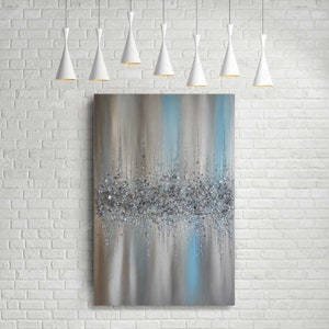 Glitterglasschilderij, glitterschilderij, zilveren glitterkunst, lichtblauwe glitterkunst, abstracte schilderkunst, abstracte kunst, muurdecoratie,