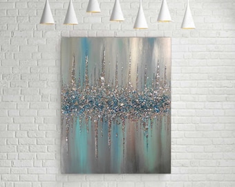 Glitter Glass Painting, Glitter Painting, Silver Glitter Art, Turquoise and Teal Glitter, Abstract Painting, Abstract Art, Wall Decor