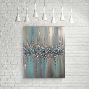 Glitter Glass Painting, Glitter Painting, Silver Glitter Art, Turquoise and Teal Glitter, Abstract Painting, Abstract Art, Wall Decor