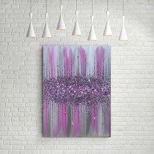 Glitter Glass Painting, 5th Anniversary Gift, Wall Art, Pink Glitter Art, Fuchsia Glitter, Abstract Art, Wall Decor, Wedding Gift