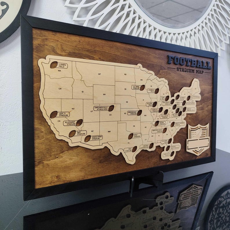 NFL Stadium Travel Map, Football Stadiums Map, Football Stadium Tracker, Personalized gift, Travel Map, Gifts For Men, Wedding Gift Walnut