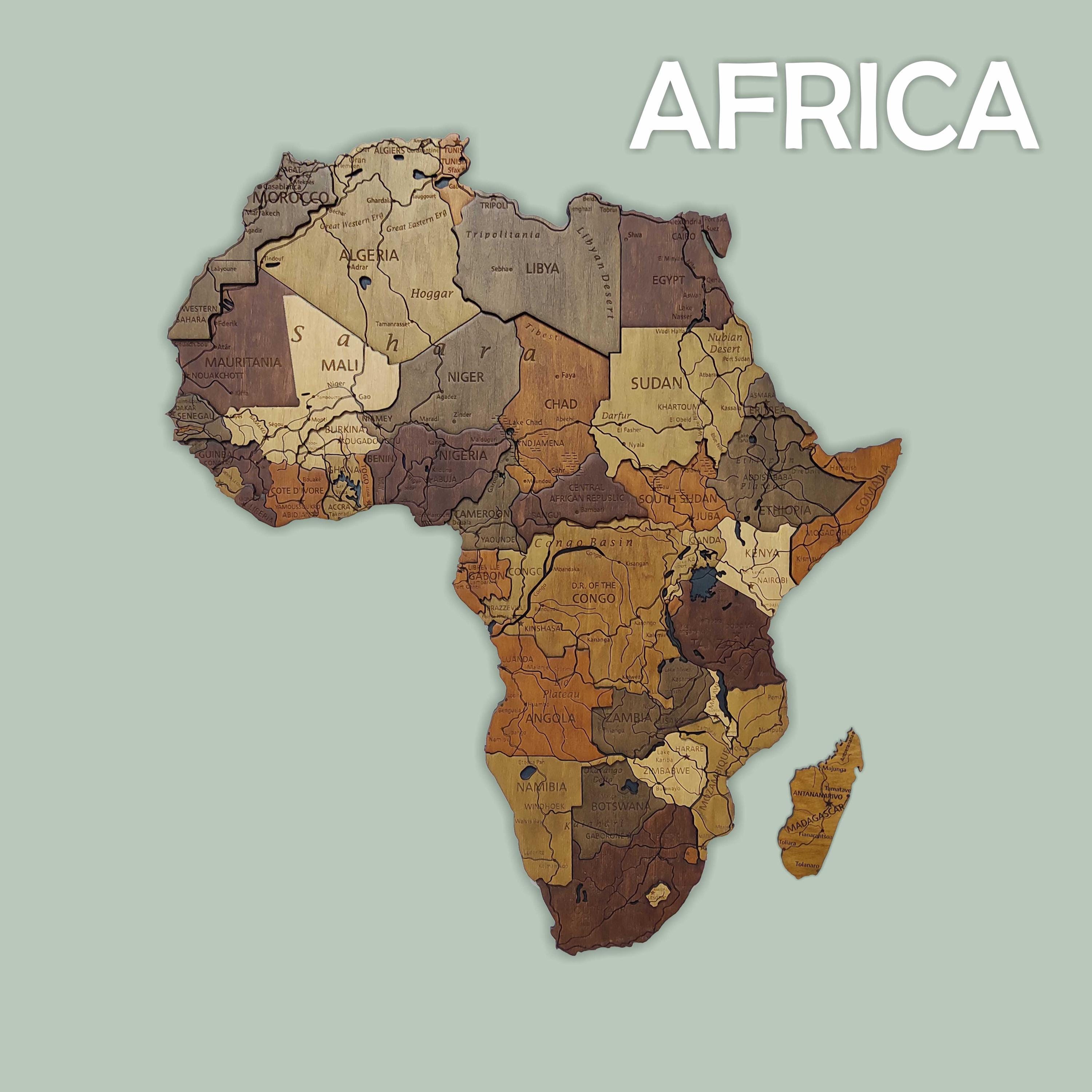 Wooden Africa Map, 3D Africa Travel Map, Carte De Voyage De L