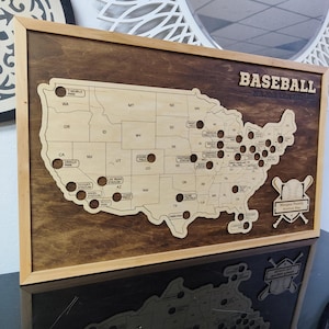 MLB Stadium Map, Baseball stadium map, Pro baseball stadium tracker, Baseball gift, Stadium travel map, Personalized gift, Gift for him Walnut