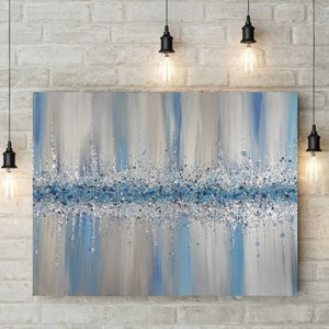 Glitterglasschilderij, housewarmingcadeau, glitterkunst, zilveren glitterkunst, hemelsblauwe glitter, abstracte schilderkunst, abstracte kunst, wanddecoratie