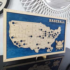 MLB Stadium Map, Baseball stadium map, Pro baseball stadium tracker, Baseball gift, Stadium travel map, Personalized gift, Gift for him Blue