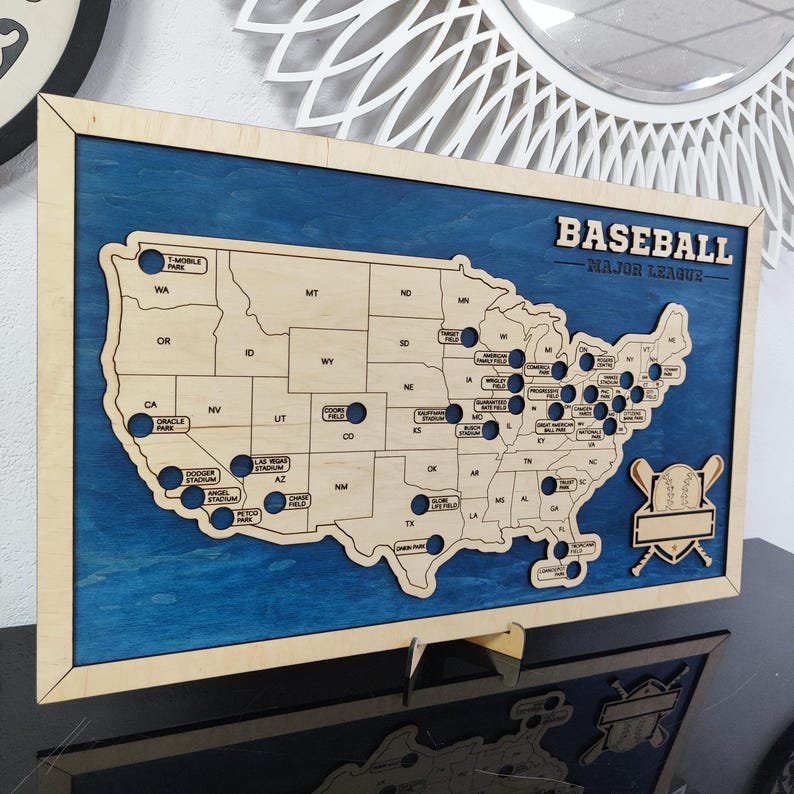 MLB Stadium Map, Baseball stadium map, Pro baseball stadium tracker, Baseball gift, Stadium travel map, Personalized gift, Gift for him Blue