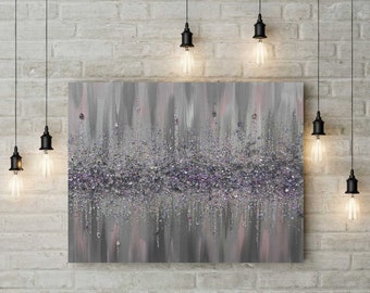 Pintura de vidrio con brillantina, arte de pared con brillantina, arte con brillantina plateada, brillantina delicada rosa y lila suave, arte abstracto, regalo de boda