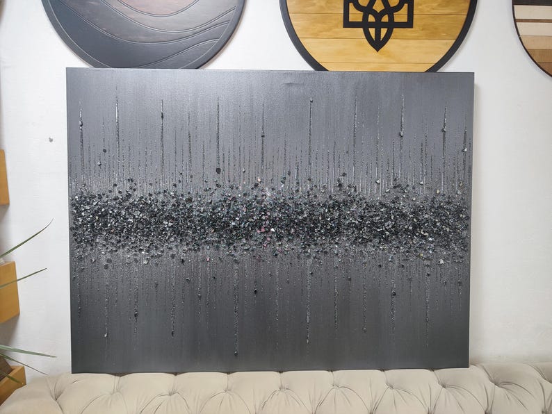 Silver Black Glitter Glass Painting, Glitter Painting, Glitter Art, Black Glitter Art, Abstract Painting, Abstract Art, Wall Decor image 3
