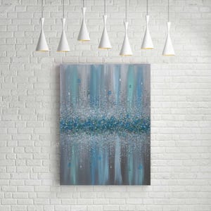 Glitterglasschilderij, glitterschilderij, zilveren glitterkunst, turkoois en blauwgroen glitter, abstracte schilderkunst, abstracte kunst, muurdecoratie