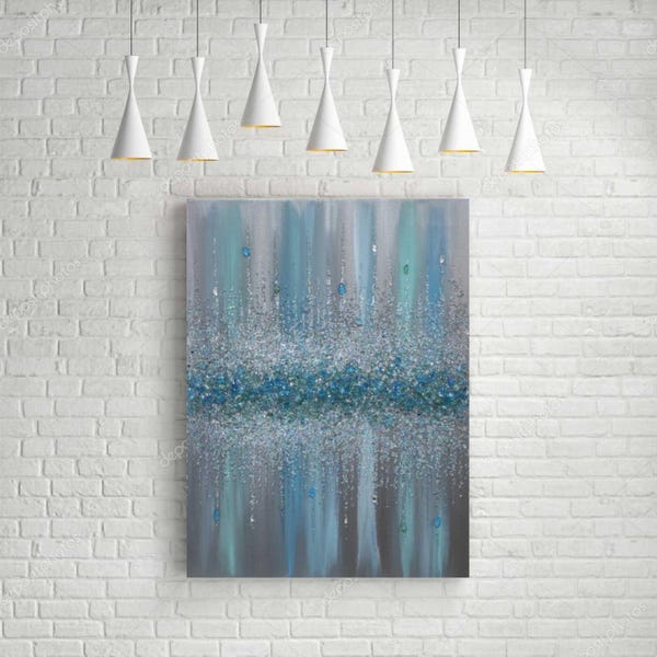 Pintura sobre vidrio con brillantina, pintura con brillantina, arte con brillantina plateada, brillantina turquesa y verde azulado, pintura abstracta, arte abstracto, decoración de paredes
