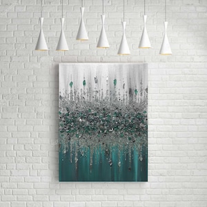 Glitter Glass Painting, Glitter Painting, Glitter Wall Art, Teal and Turquoise Glitter Art, Abstract Painting, Abstract Art, Home Decor