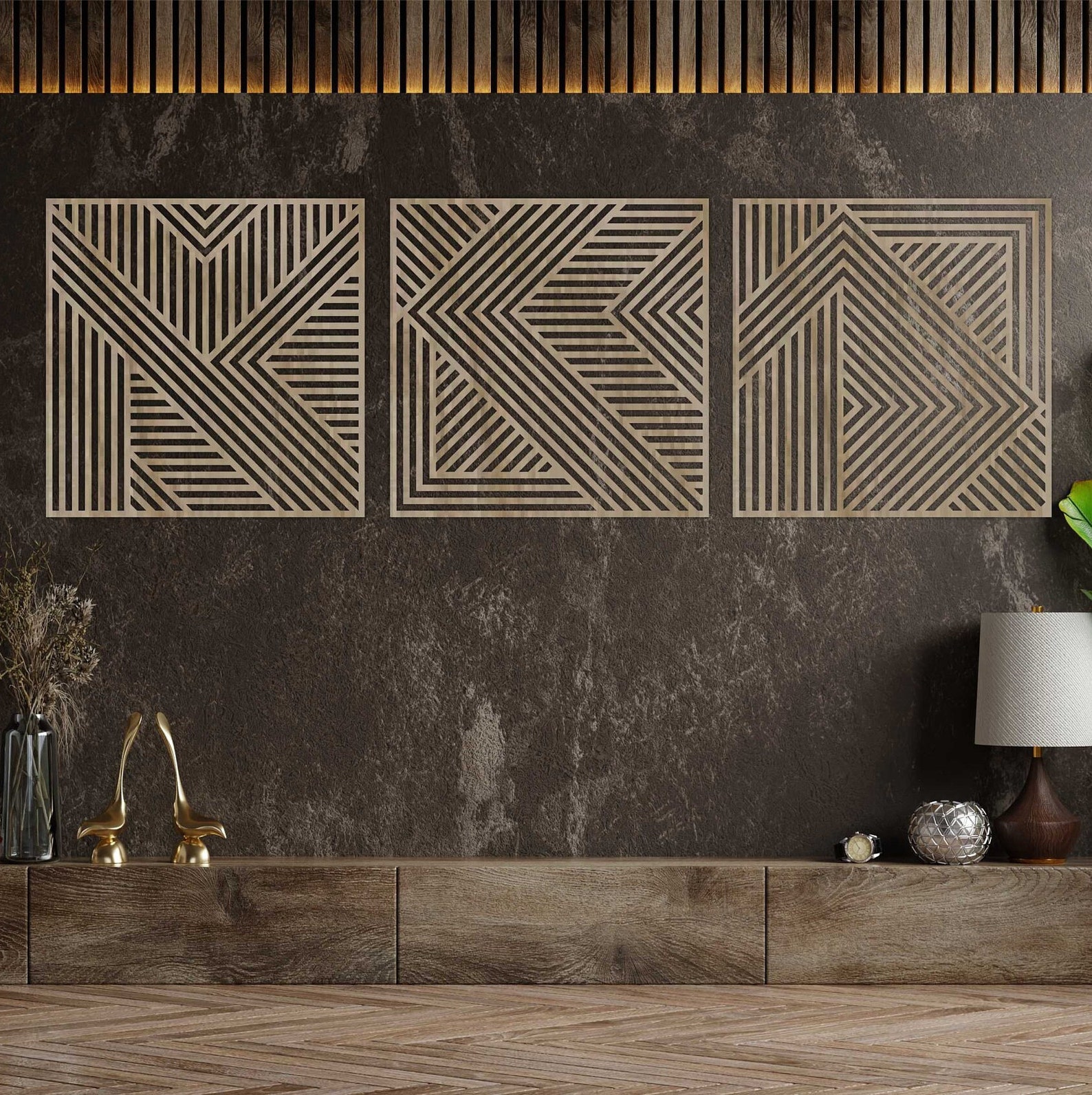 Wood Wall Art Set of 3 Geometric Wood Lines Panel Bedroom Living Room ...