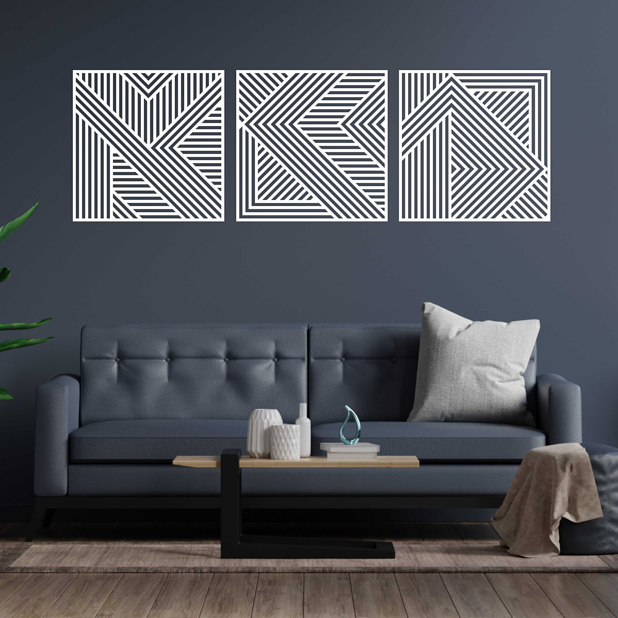 Wood Wall Art Set of 3 Geometric Wood Lines Panel Bedroom Living Room ...