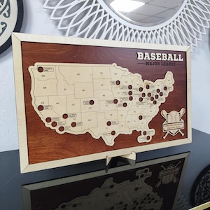 MLB Stadium Map, Baseball stadium map, Pro baseball stadium tracker, Baseball gift, Stadium travel map, Personalized gift, Gift for him Mahogany