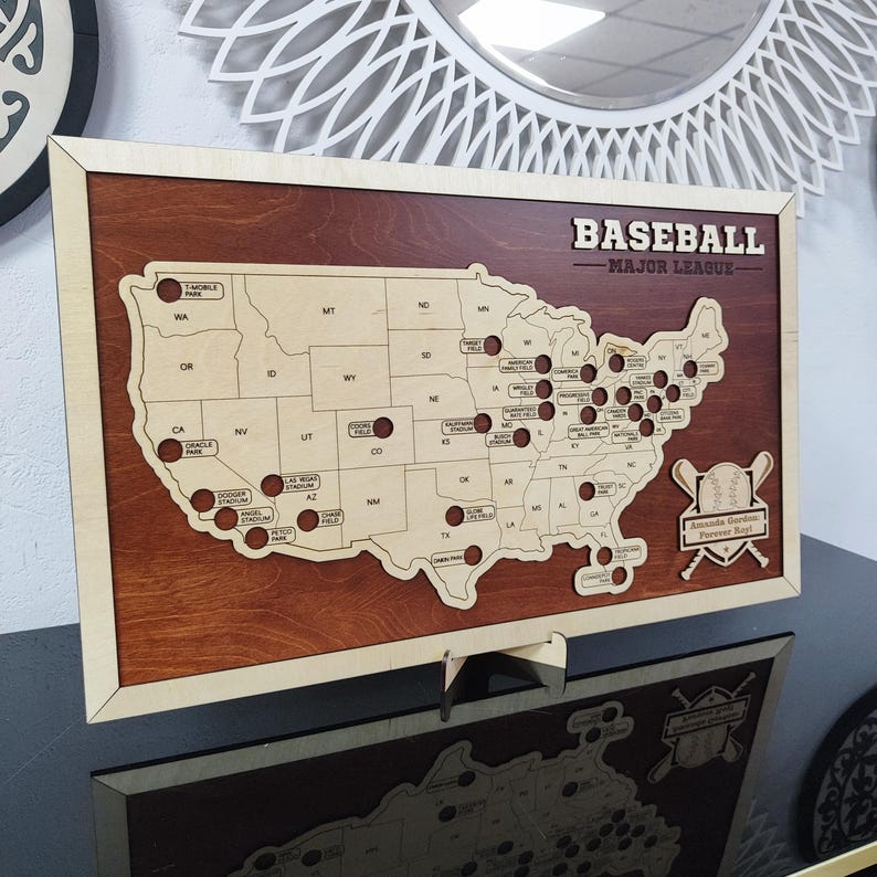 MLB Stadium Map, Baseball stadium map, Pro baseball stadium tracker, Baseball gift, Stadium travel map, Personalized gift, Gift for him Mahogany
