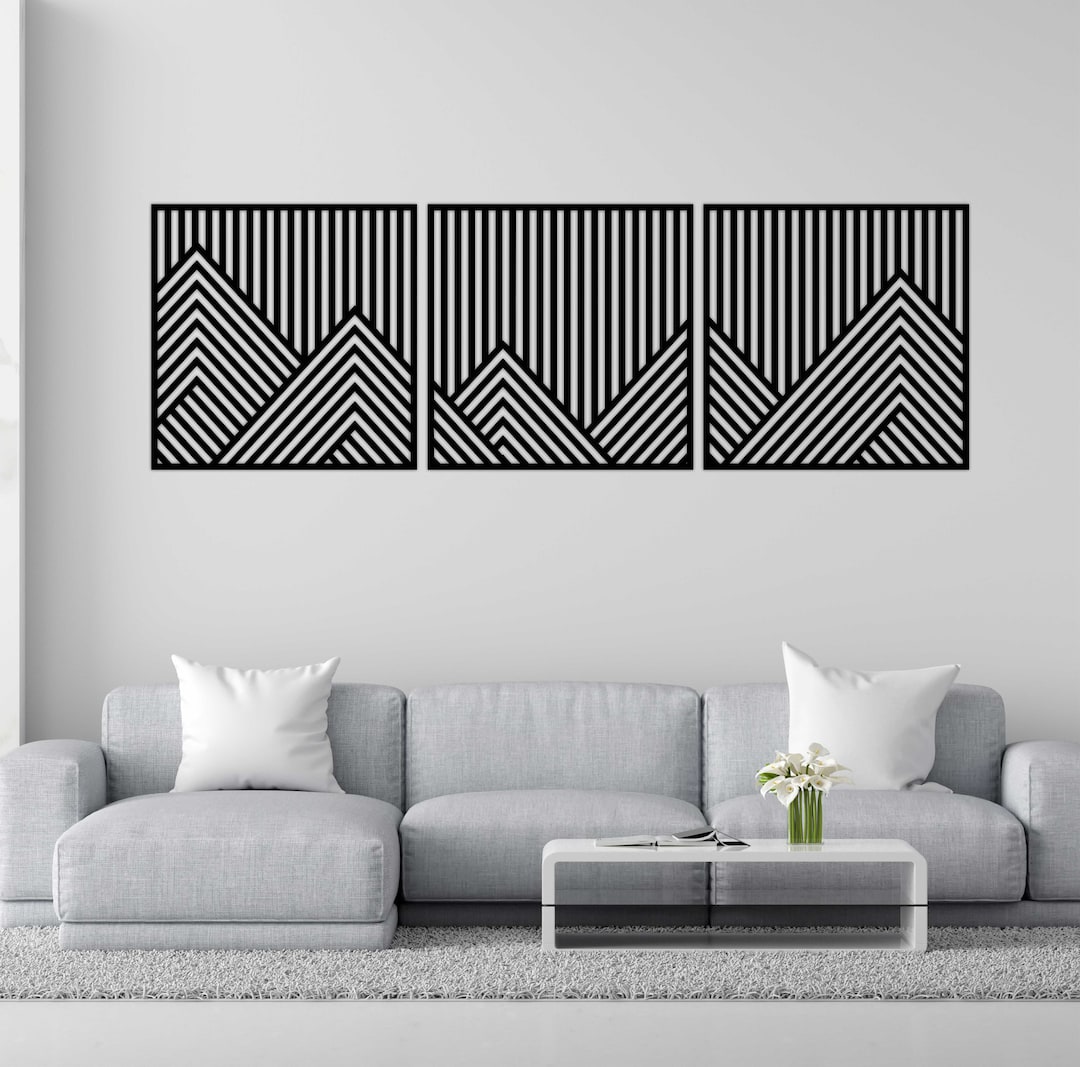 Mountain Wooden Wall Decor, Geometric Wall Decor, Panels Set of 3 ...