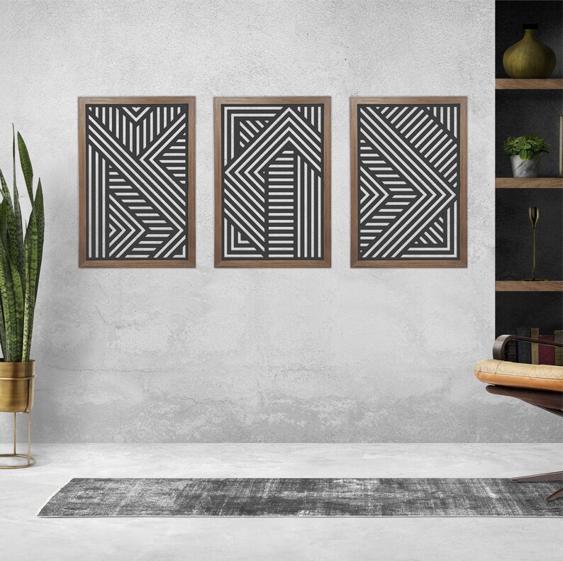 Geometric Wood Wall Panels, Modern Wood Wall Art Set, Set of 3, Wooden ...