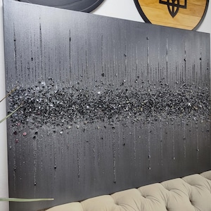 Silver Black Glitter Glass Painting, Glitter Painting, Glitter Art, Black Glitter Art, Abstract Painting, Abstract Art, Wall Decor image 1