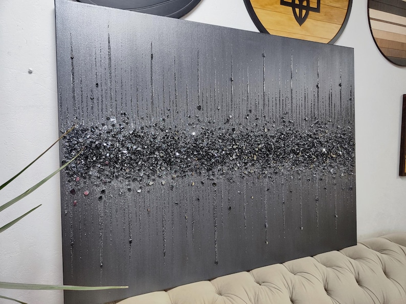 Silver Black Glitter Glass Painting, Glitter Painting, Glitter Art, Black Glitter Art, Abstract Painting, Abstract Art, Wall Decor image 1