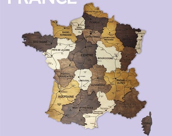 Mappa della Francia in legno, Carte de France, mappa di viaggio della Francia, mappa della Francia in legno 3D, decorazione artistica da parete, decorazione per la casa dell'ufficio